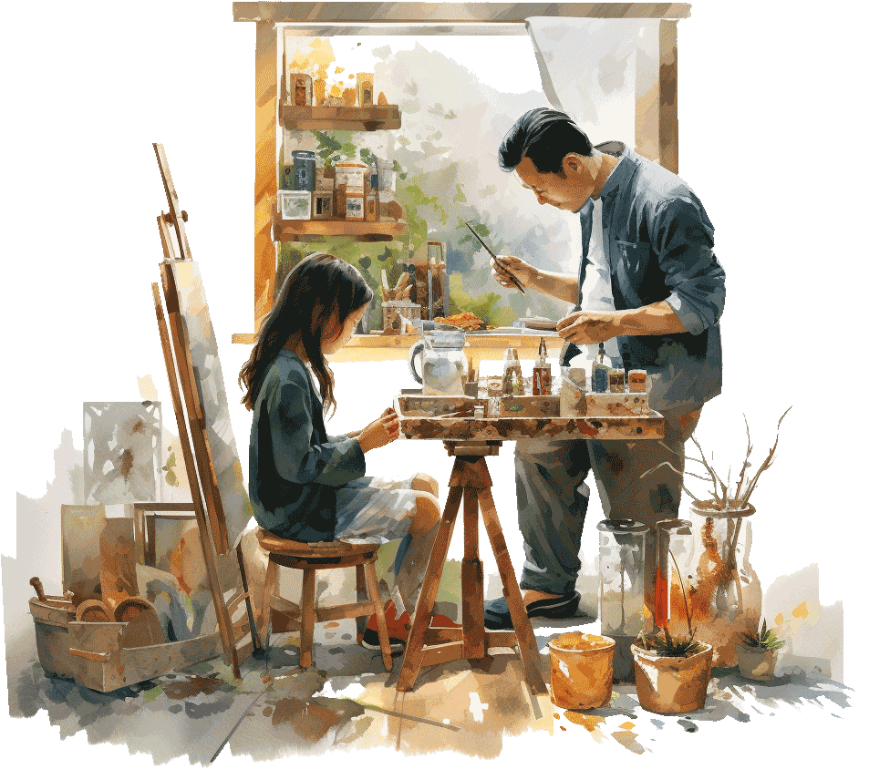 Dad and girl painting together